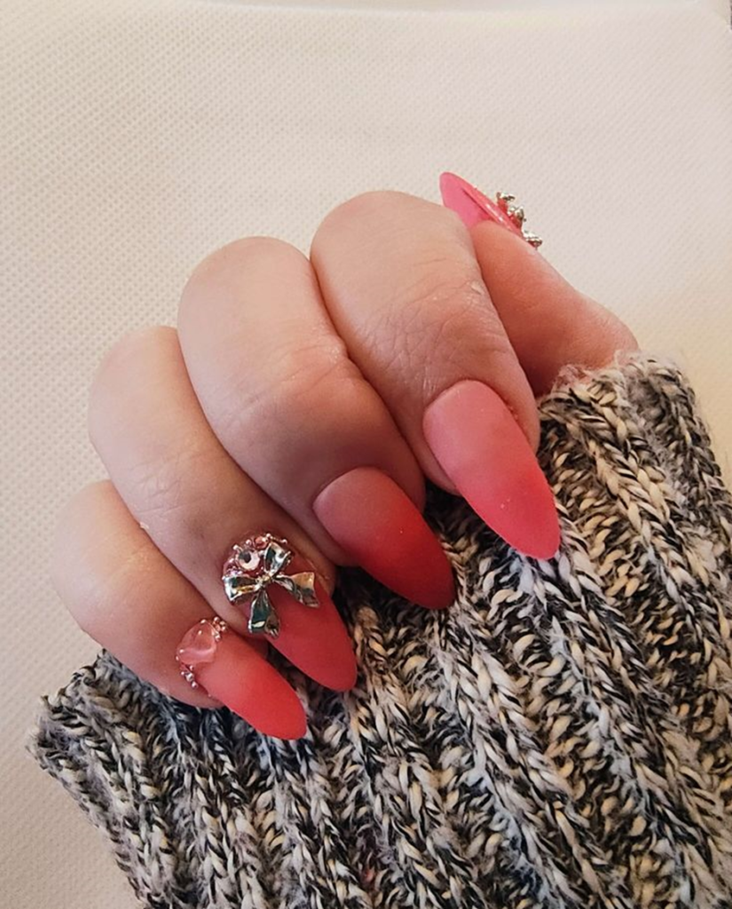 Matte Pink Nails with Rhinestone Details