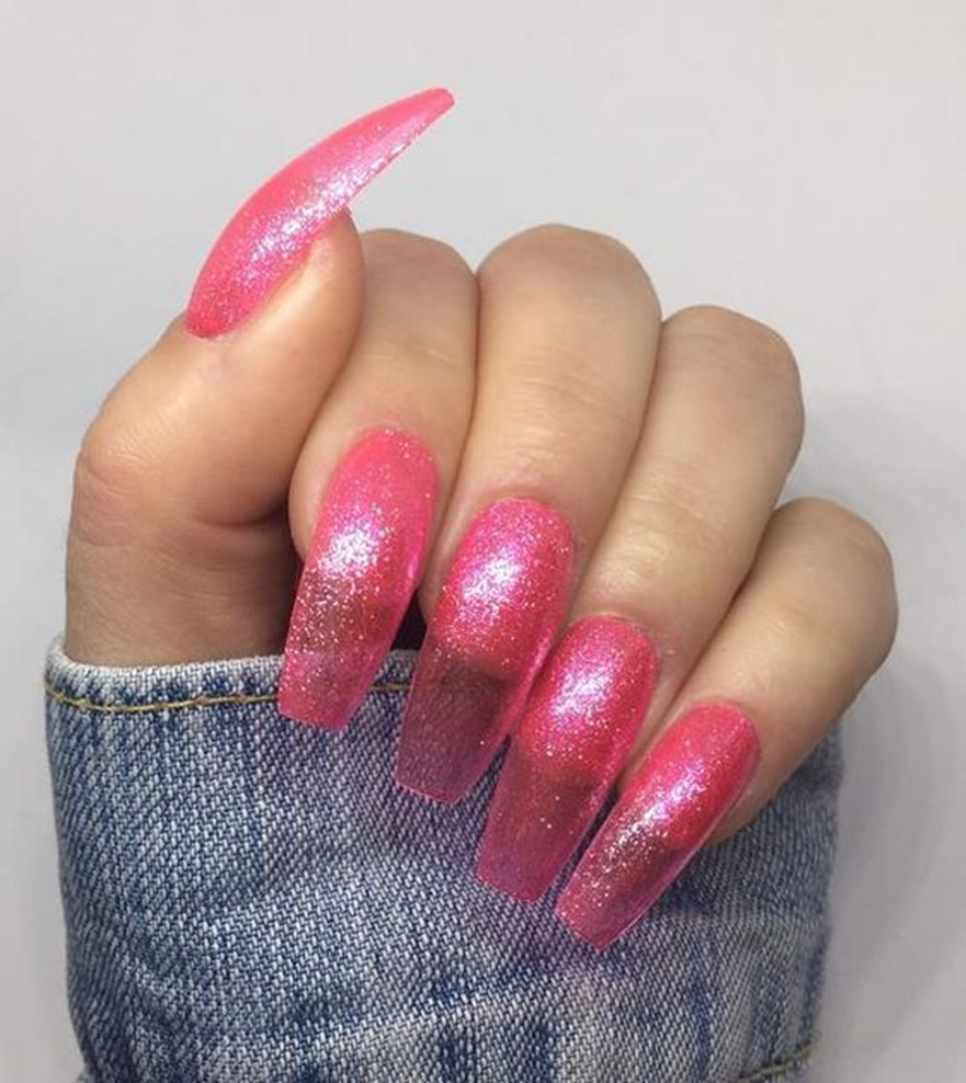 Jelly Pink Nails with Heart Glitter