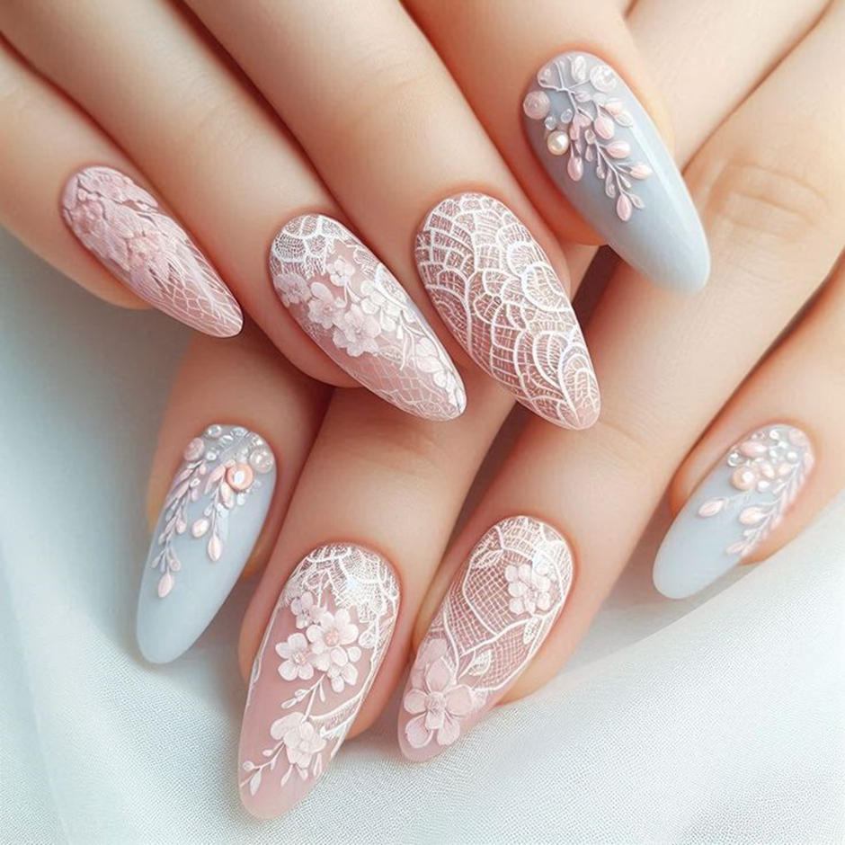 Romantic Lace Nail Art on Pink Base