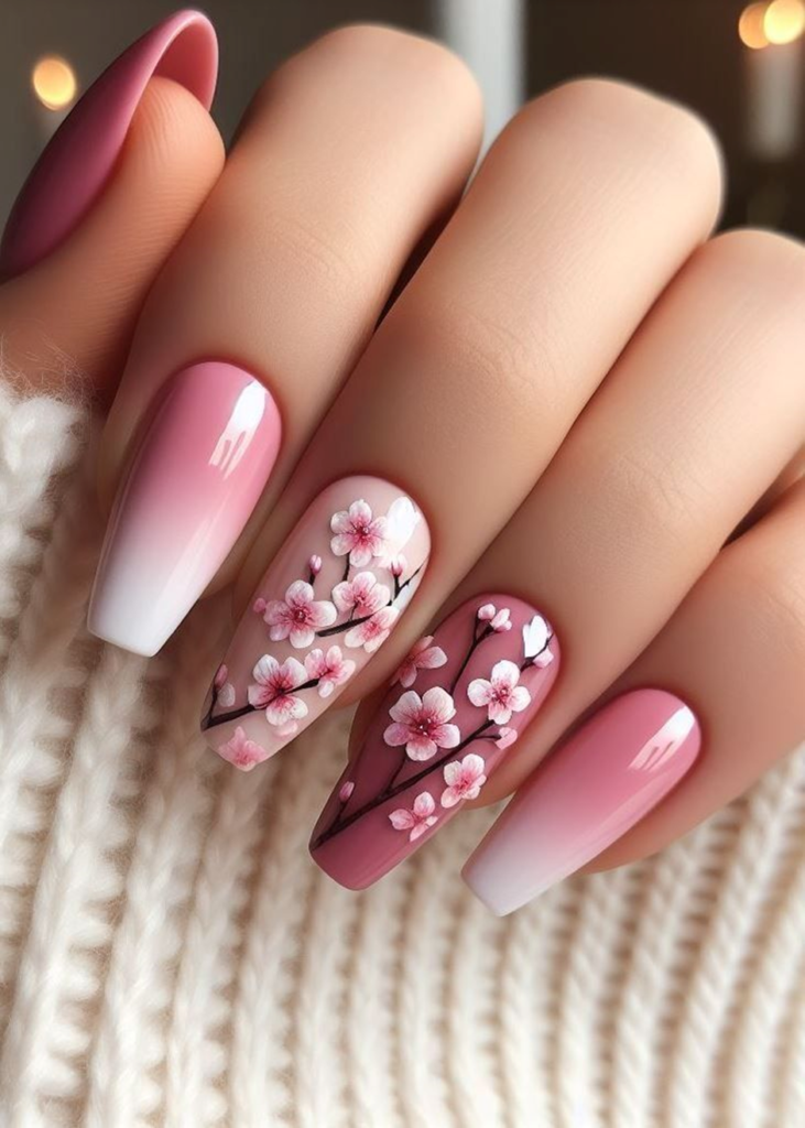 Pink Nails with Floral Art